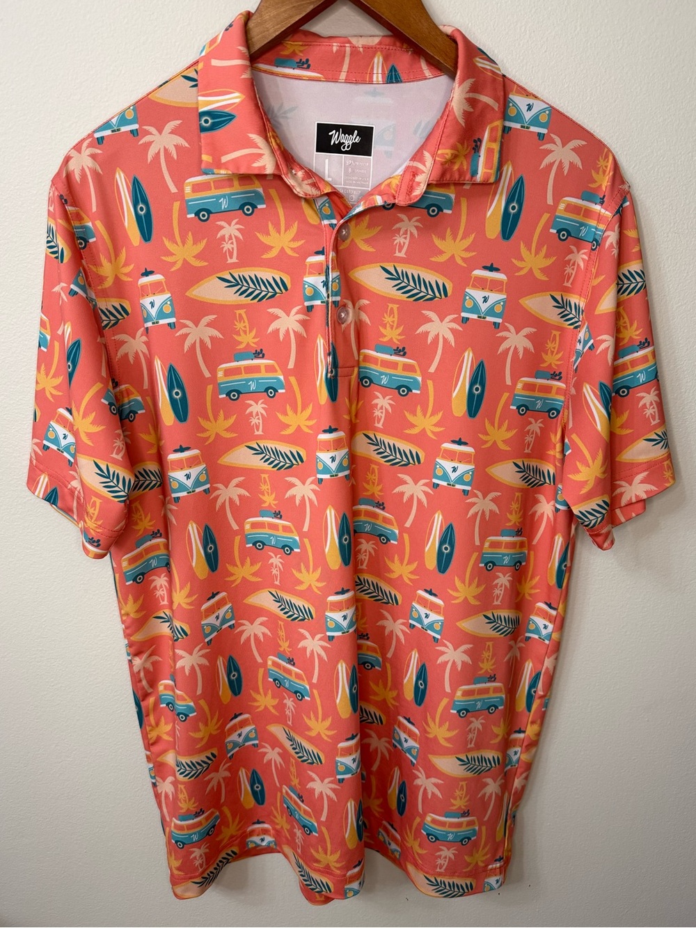 Waggle Golf Polo Shirt L Tropical Surf VW Bus Print Stretch Performance